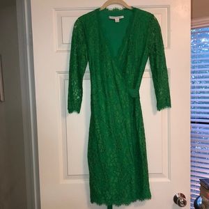 Diane Von Furstenberg green lace wrap dress